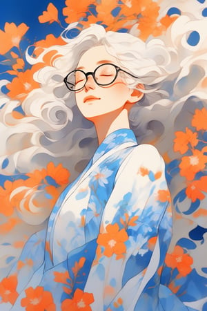 (niji style) 1girl, solo, wavy hair, hair decoration, white hair, closed eyes, upper body shot, (windy:1.5),glasses,dress,floral print,blue and orange tone impression