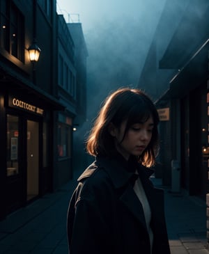 extremely delicate and beautiful, Amazing, finely detail, ultra-detailed, highres, best illustration, best shadow, intricate, depth of field, sharp focus, volumetric fog, 8k UHD, DSLR, high quality, deep shadow, low key, 1girl, a weak girl, upper body shot, black coat, night, soft light, sad, (street background), warm tones, soft shadows, vibrant colors, hazy glow, painterly effect, dreamy atmosphere