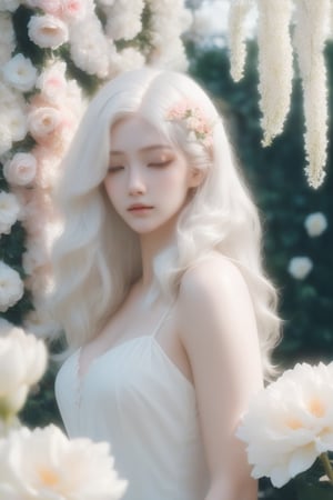 niji style, realistic, beautiful woman, hair decoration, wavy hair,girly,solo,a woman in a white dress standing in front of a (flower covered wall) with white flowers on it, transparent white hair, upper body shot, eyes closed,