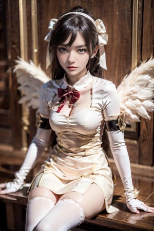 female, ((masterpiece, best quality, ultra detailed, absurdres),
solo, albedo, white dress, detached collar, elbow gloves, black wings, looking at viewer,albedo, sitting,al1