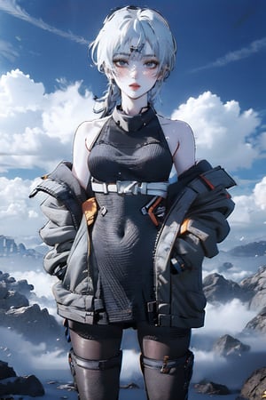 female, ((masterpiece, best quality, ultra detailed, absurdres):1.5),official art, unity 8k wallpaper, ultra detailed, beautiful and aesthetic, masterpiece, best quality, realistic, noir, bare shoulders, jacket, low ponytail, ponytail, pantyhose, sleeveless, off shoulder, open jacket, black jacket, black pantyhose, (white dress), necklace,noir,urban techwear,mecha dragon,fujimotostyle