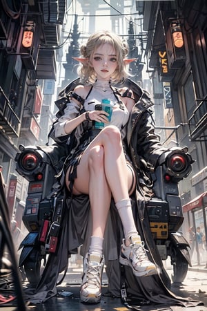 female, ((masterpiece, best quality, ultra detailed, absurdres),(1elf girl), (beauty elf girl), (ultra-high picture quality), masterpieces, casual scene, squatting beside a mini market, relaxed vibe, holding a beverage, She's dressed in a trendy techwear outfit, perhaps a stylish jacket and jeans, with comfortable sneakers, sunlight casting warm tones, street ambiance, urban setting. Perfect body, (E-cup:1.2), overalls, light smile, fresh, (asymmetrical bangs:1.3), Braid Bun hair, short hair, highly detailed face and eyes, Perfect lips, (white blonde hair, Deep Blue Eyes:1.2),cyberpunk, sci-fi, (bare shoulders), digital art, Aesthetic, Cinematic Lighting, by Yusuke Murata.