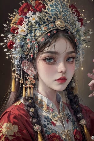 female, ((masterpiece, best quality, ultra detailed, absurdres):1.5), 1girl, solo, long hair, black hair, hair ornament, brown eyes, flower, parted lips, hair flower, chinese clothes, red nails, red lips, , AcientChinese, crying, tears