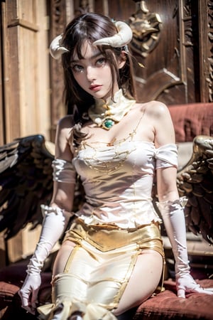 female, ((masterpiece, best quality, ultra detailed, absurdres),
solo, albedo, white dress, detached collar, elbow gloves, black wings, looking at viewer,albedo, sitting,al1, demon horns