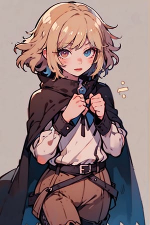 female, ((masterpiece, best quality, ultra detailed, absurdres),
heterochromia ,neia, bags_under_eyes, white shirt, black cloak, brown pants, thigh boots, belt, small pupils,retro,SharpEyess, archer