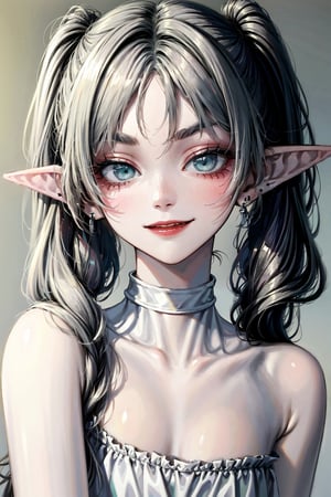 1girl, (masterpiece, best quality, ultra detailed, absurdres)1.5, 1girl, (sexy, beautiful woman, perfect face, perfect1girl, solo, elf, white hair, grey hair, earrings, pointy ears, long hair, ponytail, green eyes, twintails, parted bangs, thick eyebrows eyes, perfect female body, medium breasts), white hair, sleeveless dress, white dress, bare shoulders, collarbone, elf, 1girl, solo, elf, white hair, grey hair, earrings, pointy ears, long hair, ponytail, green eyes, twintails, parted bangs, thick eyebrows,frieren,SharpEyess