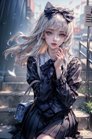 8k, RAW photo, best quality, masterpiece:1.3),(realistic,photo-realistic:1.37),(night),(looking at viewer:1.331),(white hair),posing,Tokyo street,nightcityscape, , cyberpunk city,soft light,1girl,extremely beautiful face,bust,put down hands,Random hairstyle,Random expression,big eyes, ,lower abdomen,(short-sleeved JK_shirt),JK_style,(dark blue JK_skirt) ,(bow JK_tie),,mix4art by artgerm and greg rutkowski and alphonse mucha,short-sleeved JK_shirt