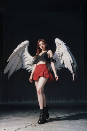 female, ((masterpiece, best quality, ultra detailed, absurdres), girl), (beauty girl), (ultra-high picture quality),red hair,hornsgirl, long skirt, standing, full_body, from below, witch, angel_wings, cybernetic, city background, closed up, blUr