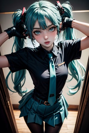 female, ((masterpiece, best quality, ultra detailed, absurdres):1.5),mikusound,miku, hatsune_miku, skirt, holding,shirt, gloves, holding, hair between eyes, twintails, very long hair, closed mouth, standing, short sleeves, pantyhose, pleated skirt, necktie, collared shirt, belt, miniskirt, aqua eyes, blue skirt, black pantyhose, black shirt, aqua hair,head phone, ,photorealistic, viewed_from_above