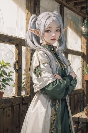 AgoonGirl,High detailed,, (xx)1girl,masterpiece, best quality, 8K,highres, absurdres:1.2,frieren, long hair, twintails, (green eyes:1.5), grey hair, pointy ears, elf