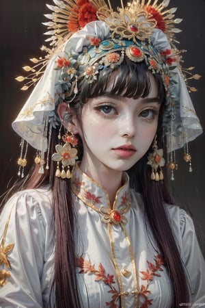 female, ((masterpiece, best quality, ultra detailed, absurdres):1.5), 1girl,solo,1girl,solo,long hair,looking at viewer,bangs,shirt,black hair,jewelry,closed mouth,white shirt,upper body,earrings,blunt bangs,white dress,black eyes,lips,black background,hime hair,sharp eyes,AcientChinese