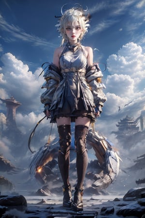 female, ((masterpiece, best quality, ultra detailed, absurdres):1.5),official art, unity 8k wallpaper, ultra detailed, beautiful and aesthetic, masterpiece, best quality, realistic, noir, bare shoulders, jacket, low ponytail, ponytail, pantyhose, sleeveless, off shoulder, open jacket, black jacket, black pantyhose, (white dress), necklace,noir,urban techwear,mecha dragon