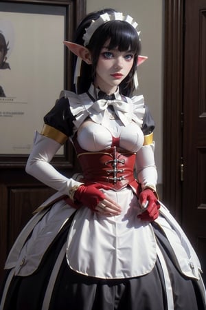 female, ((masterpiece, best quality, ultra detailed, absurdres),
heterochromia ,narberal gamma, miko,  elf, elf_ears, maid, skirt,kne