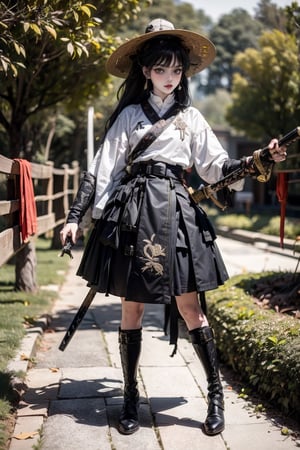 female, ((masterpiece, best quality, ultra detailed, absurdres),
1girl,solo,long hair,looking at viewer,black hair,long sleeves,hat,dress,standing,full body,weapon,boots,outdoors,belt, sword,black footwear, blurry background,sheath,
hanfu,hanfuskirt