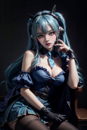 female, ((masterpiece, best quality, ultra detailed, absurdres):1.5),mikusound,miku, hatsune_miku, skirt, holding,shirt, gloves, holding, hair between eyes, twintails, very long hair, closed mouth, standing, short sleeves, pantyhose, pleated skirt, necktie, collared shirt, belt, miniskirt, aqua eyes, blue skirt, black pantyhose, black shirt, aqua hair,head phone, photorealistic, sitting