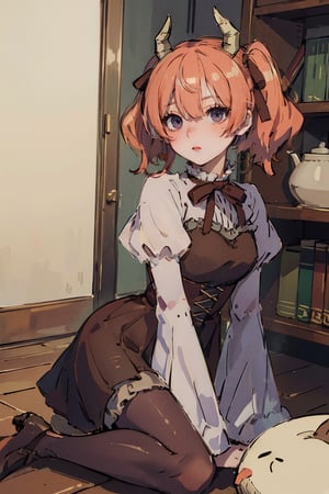 female, ((masterpiece, best quality, ultra detailed, absurdres),
liniefrieren, long sleeves, ribbon, hair between eyes, twintails, hair ribbon, horns, puffy sleeves, juliet sleeves, brown bow, brown ribbon, pantyhose, brown footwear, brown dress, wide sleeves,liniefrieren