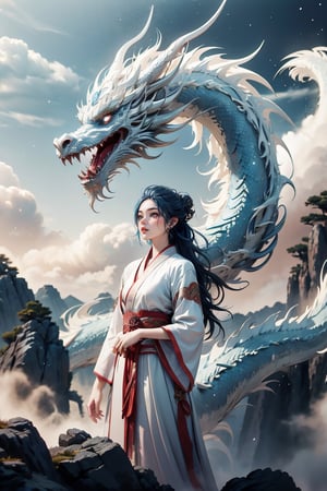 masterpiece, top quality, best quality, official art, beautiful and aesthetic:1.2), (1girl:1.3), , girl, blue hair, hanfu fashion, chinese dragon, eastern dragon, white theme, volumetric lighting, ultra-high quality, photorealistic, rock moutain background,SharpEyess,vamptech