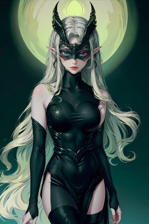 (masterpiece, top quality, best quality, official art, beautiful and aesthetic:1.2), (1girl:1.3), heterochromia, SharpEyess ,1girl,Shemira_AFK,Shemira_AFK, pointy ears, covered eyes, green glow, grey skin, magic, ((big thighs)), bra, smug, upper body, ,contrapposto, cinematic composition