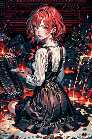 female,(masterpiece, best quality, ultra detailed, absurdres)1.5,white shirt black dress neck ribbon,1girl short hair,demonictech, red hair, bangs, sitting, from_behind, looking_at_viewer 