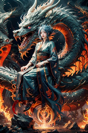 masterpiece, top quality, best quality, official art, beautiful and aesthetic:1.2), (1girl:1.3), , girl, blue hair, hanfu fashion, chinese dragon, eastern dragon, dark theme, volumetric lighting, ultra-high quality, photorealistic, rock moutain background,SharpEyess,AgoonGirl,concept_dragon photo,demonictech