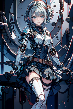 female, ((masterpiece, best quality, ultra detailed, absurdres),solo, 1girl,solo,small breasts,looking at viewer, heterochromia, skirt, black gloves, ,adress2, long dress, cybernetic,Pixel art