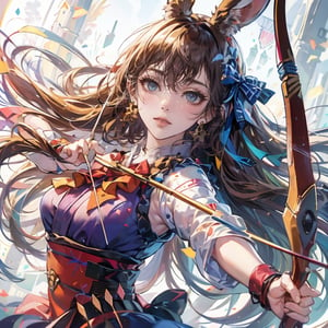 female, ((masterpiece, best quality, ultra detailed, absurdres),solo, 1girl,solo,small breasts,looking at viewer, heterochromia  ,looking at viewer, long hair, bangs, brown hair,bow,arrow,archer, bunny ears, arrow japanese, dynamic pose, blue_yukata