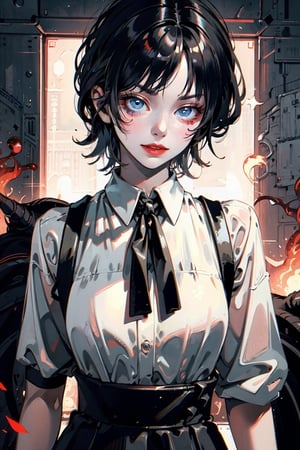 female,(masterpiece, best quality, ultra detailed, absurdres)1.5,white shirt black dress neck ribbon,1girl short hair,demonictech