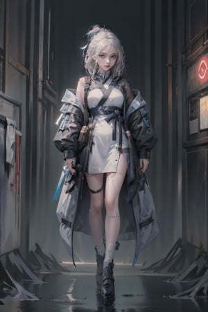 female, ((masterpiece, best quality, ultra detailed, absurdres), girl), (beauty girl), (ultra-high picture quality) ,(ultra realistic,32k, masterpiece:1.2),(high detailed skin:1.1),( high quality:1.1), A cute girl with white hair,  bow , from below,chung, full body, attack, short hair, ninja, gas mask