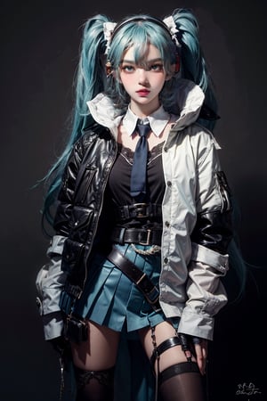 female, ((masterpiece, best quality, ultra detailed, absurdres):1.5),mikusound,,miku, hatsune_miku, skirt, holding,shirt, gloves, holding, hair between eyes, twintails, very long hair, closed mouth, standing, short sleeves, pantyhose, pleated skirt, necktie, collared shirt, belt, miniskirt, aqua eyes, blue skirt, black pantyhose, black shirt, aqua hair,head phone, photorealistic, viewed_from_above