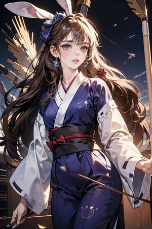 female, ((masterpiece, best quality, ultra detailed, absurdres),solo, 1girl,solo,small breasts,looking at viewer, heterochromia  ,looking at viewer, long hair, bangs, brown hair,bow,arrow,archer, bunny ears, arrow japanese, dynamic pose, blue_yukata