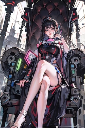 female, ((masterpiece, best quality, ultra detailed, absurdres), ,17 year-old, skinny, shy, hair high bun,coat,science fiction,spacecra, looking_at_viewer, cybernetic, cyberpunk