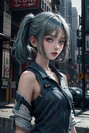female, ((masterpiece, best quality, ultra detailed, absurdres):1.5),official art, unity 8k wallpaper, ultra detailed, beautiful and aesthetic, masterpiece, best quality, realistic, kaldef, green short dress, ultra quality, sharp focus, 8K UHD, highly detailed glossy eyes, ultra quality, green eyes, 1girl, masterpiece, best quality, hair blowing, looking at viewer, gradient hair,urban techwear, city background, school_uniform, blue hair,CRin, twin_tails