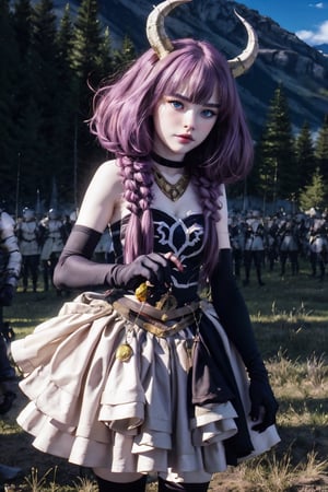 (masterpiece,  top quality,  best quality,  official art,  beautiful and aesthetic:1.2),  (1girl:1.3),  heterochromia , aura the guillotine, long hair, (purple eyes:1.1), purple hair, braid, horns, twin braids,skirt, thighhighs, gloves, choker, black gloves, elbow gloves, ,aura the guillotine, shadows, summoning undead soldiers,photorealistic