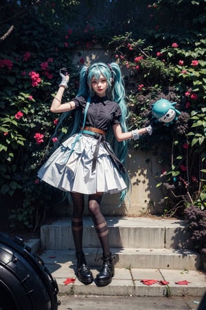 female, ((masterpiece, best quality, ultra detailed, absurdres):1.5),mikusound,,miku, hatsune_miku, skirt, holding,shirt, gloves, holding, hair between eyes, twintails, very long hair, closed mouth, standing, short sleeves, pantyhose, pleated skirt, necktie, collared shirt, belt, miniskirt, aqua eyes, blue skirt, black pantyhose, black shirt, aqua hair,head phone, photorealistic, viewed_from_above