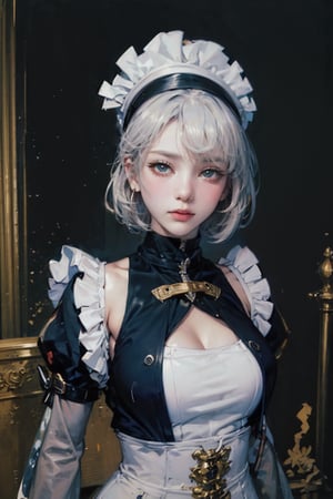 female, ((masterpiece, best quality, ultra detailed, absurdres), girl), (beauty girl), (ultra-high picture quality) ,(ultra realistic,32k, masterpiece:1.2),(high detailed skin:1.1),( high quality:1.1), A cute girl with white hair, ,ellenjoe, maid_costume, 