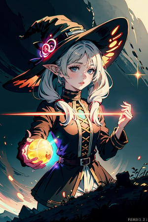 masterpiece, top quality, best quality, official art, beautiful and aesthetic:1.2), (1girl:1.3), , girl, fantasy, small breast, light,GlowingRunes_white,frieren, white hair, twintails, staff , magic ball, witch hat,elf