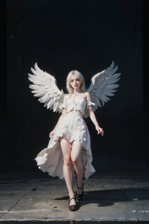 female, ((masterpiece, best quality, ultra detailed, absurdres), girl), (beauty girl), (ultra-high picture quality),white hair,hornsgirl, long skirt, standing, full_body, from below, witch, angel_wings, cybernetic, city background, closed up, blUr