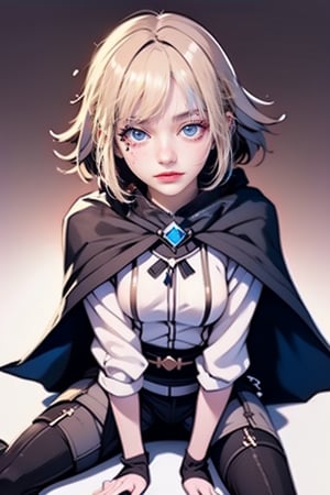 female, ((masterpiece, best quality, ultra detailed, absurdres),
heterochromia ,neia, bags_under_eyes, white shirt, black cloak, brown pants, thigh boots, belt, small pupils,retro,SharpEyess, sitting, on knees,Sexy Pose,standingDoggystyle