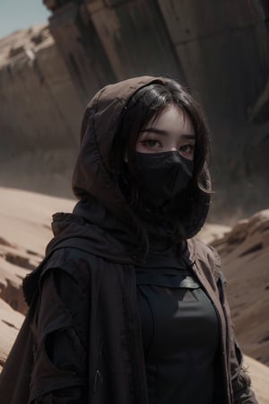 female, ((masterpiece, best quality, ultra detailed, absurdres),solo, 1girl,solo,small breasts,looking at viewer,dune, hoodie, cloak, dessert, masked, blue eyes
