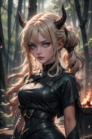 female, ((masterpiece, best quality, ultra detailed, absurdres),
green eyes, horns, no humans, fire,green theme, twintails