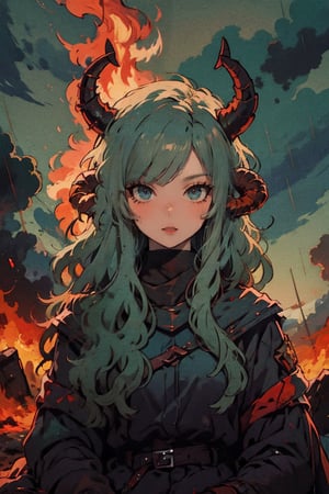 female, ((masterpiece, best quality, ultra detailed, absurdres),
green eyes, horns, no humans, fire,green theme