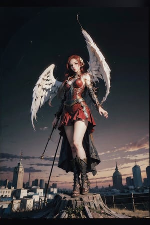 female, ((masterpiece, best quality, ultra detailed, absurdres), girl), (beauty girl), (ultra-high picture quality),red hair,hornsgirl, long skirt, standing, full_body, from below, witch, angel_wings, cybernetic, city background, closed up, curvy_figure, 