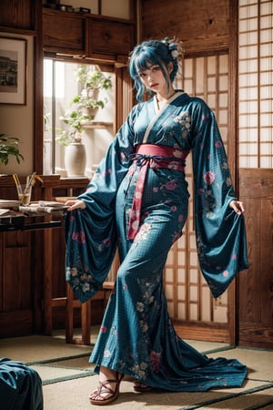 4k,1girl,high_res, rainbow theme, colorful theme, colorful kimono, astract background, trending on artstation, by wlop, traditional,  blue hair,japanese_clothes, traditional long skirt,traditional_japanese_clothes,1 girl,Dreamwave,(masterpiece, best quality, absurdres:1.4),(highly detailed CG illustration),highly detailed,colorful,vivid color,