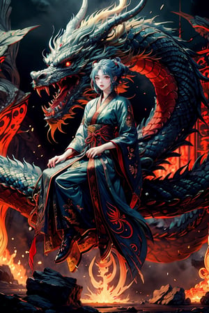 masterpiece, top quality, best quality, official art, beautiful and aesthetic:1.2), (1girl:1.3), , girl, blue hair, hanfu fashion, chinese dragon, eastern dragon, dark theme, volumetric lighting, ultra-high quality, photorealistic, rock moutain background,SharpEyess,AgoonGirl,concept_dragon photo,demonictech