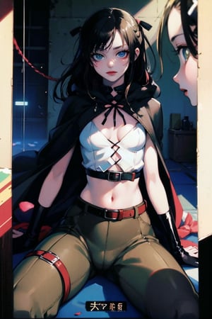 female, ((masterpiece, best quality, ultra detailed, absurdres),
heterochromia ,neia, bags_under_eyes, white shirt, black cloak, brown pants, thigh boots, belt, small pupils,retro,chung,portrait