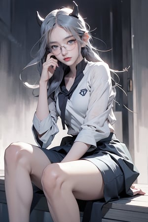 female, ((masterpiece, best quality, ultra detailed, absurdres), girl), (beauty girl), (ultra-high picture quality),short hair,hornsgirl, long skirt, full_body, from below,mitakihara school uniform, city background, closed up, curvy_figure, mechanical , looking_at_viewer, Masterpiece, glasses, sitting_down, devil_horns