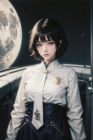 1girl,female, ((masterpiece, best quality, ultra detailed, absurdres), upper body, short hair, chinese cloth, moon, hime cut, shirt, long dress,HimikoT