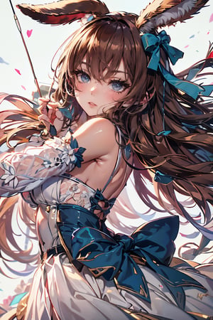 female, ((masterpiece, best quality, ultra detailed, absurdres),solo, 1girl,solo,small breasts,looking at viewer, heterochromia  ,looking at viewer, long hair, bangs, brown hair,bow,arrow,archer, bunny ears, arrow japanese, dynamic pose