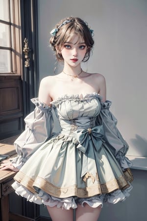 female, ((masterpiece, best quality, ultra detailed, absurdres):1.5), 1girl, bangs, beautiful, bow, ribbon, bare shoulders, frills, detached sleeves, white dress, sleeves past wrists, strapless, frilled dress, strapless dress, adress, from_above ,adress