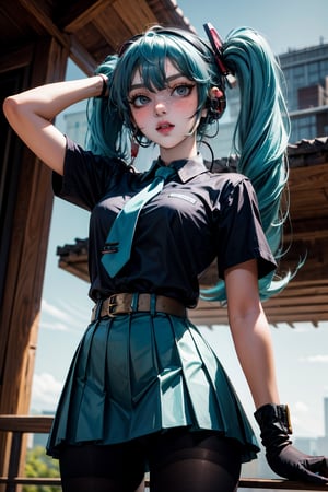 female, ((masterpiece, best quality, ultra detailed, absurdres):1.5),mikusound,miku, hatsune_miku, skirt, holding,shirt, gloves, holding, hair between eyes, twintails, very long hair, closed mouth, standing, short sleeves, pantyhose, pleated skirt, necktie, collared shirt, belt, miniskirt, aqua eyes, blue skirt, black pantyhose, black shirt, aqua hair,head phone, ,photorealistic, viewed_from_below